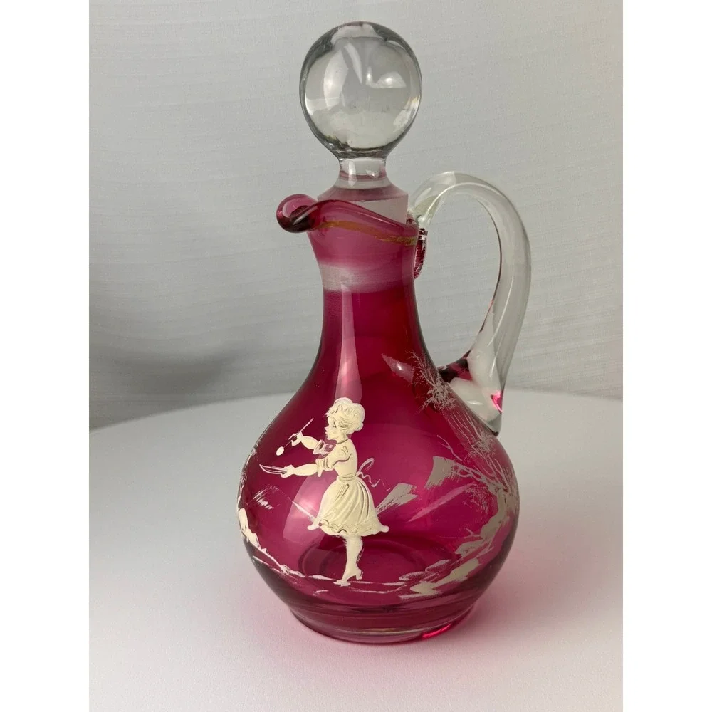 Vintage Mary Gregory Style Cranberry Glass Decanter Pink Enamel Girl 7.5in Good